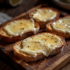 Melted cheese on toasted bread slices, served on a wooden board.  Golden-yellow melted cheese generously covers toasted bread slices, seasoned with black pepper. Appealing appetizer or snack