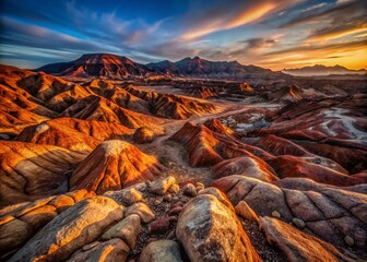 Dark Background Landscape with Sparse Copper Deposits, Rugged Terrain, Mineral Rich, Desert Scenery, Mining Geology