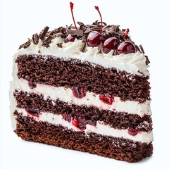 Slice of german black forest cake with cherries on top isolated on white background