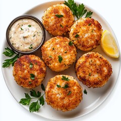 Fototapeta premium A plate of delicious crab cakes isolated on a white background ready for presentation or serving