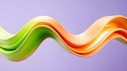 3D Abstract Wavy Flow Art in Green and Orange on Purple Background