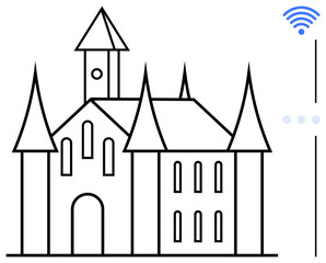 Obraz premium Gothic-style castle with prominent spires, arched windows, and minimalistic details alongside a wireless signal icon. Ideal for tradition, technology, connectivity, architecture, innovation