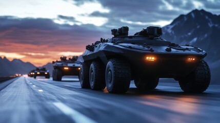 Obraz premium Military vehicles traveling on a winding road through mountains during twilight