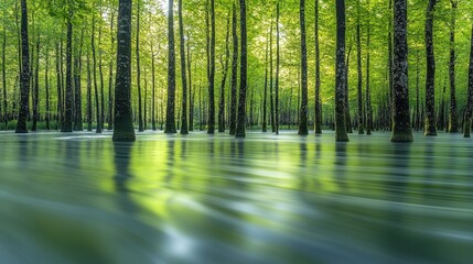Obraz premium Serene flooded forest. Sunlight filters through the canopy illuminating a tranquil swamp