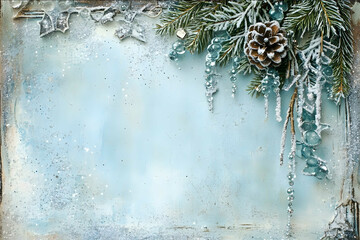 vintage scrapbook pages with silver sparkles across the page with light ice blue background with a christmas border around the page and icelicles hanging down f