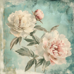 create a vintage distressed image of a page highlighting the lush fluffy peony blossoms in a variety of hues and soft petals