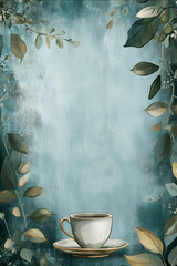 a dusty blue tea boarder with pops of greenery that outline a 4x6 blank card