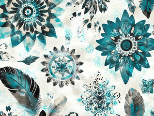 Boho chic vibe on a white vintage texture background mandalas feathers floral pattern botanicals geometric shapes using colors teal 00B4D8 blue 03045E black fff