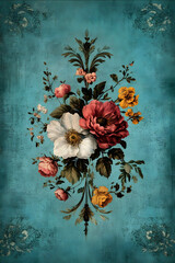 A vintageinspired design with a turquoise background featuring a central floral motif The flower imagery should be intricate and delicately placed at the center