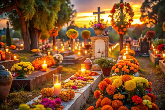 Day of the Dead Sunset: Colorful Ofrendas & Graves in Mexican Cemetery