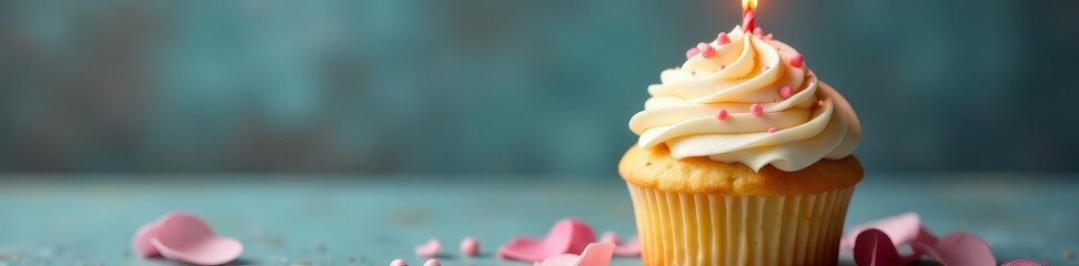 Delicious vanilla cupcake with frosting and candle, candle, dessert, sweet