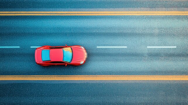 Red car driving on highway, aerial view.