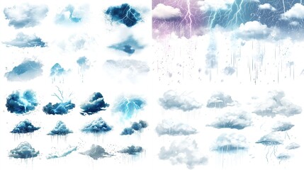Collection of realistic clouds, rain, and lightning.