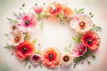 Delicate Pink & Red Poppy Wreath Watercolor Illustration - Lush Wildflower Floral Design