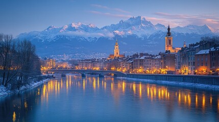 Fototapeta premium Snowy Alpine City at Dawn