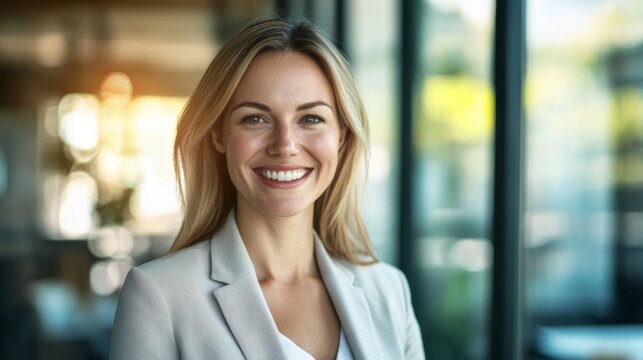 Confident businesswoman smiling, radiating professionalism and approachability in a modern office setting.
