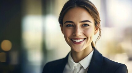 Confident businesswoman smiling, radiating professionalism and approachability in a modern office setting.

