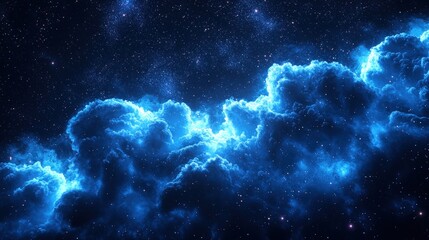 Glowing blue nebula in dark space.