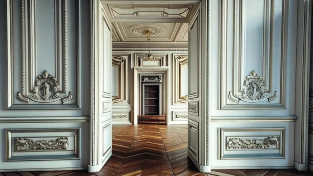 Elegant, Ornate Room with Intricate Moldings and Parquet Flooring Exudes Classic, Luxurious Atmosphere, Featuring Detailed Woodwork and Decorative Elements Highlighting Sophisticated Design with Open