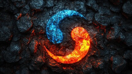 Yin Yang symbol, fire and ice, in stone.