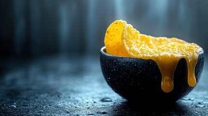 Orange segment drips from a black bowl, against a dark, glistening surface