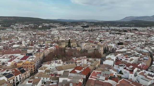 Drone footage or other aerial views of Lucena's historic center