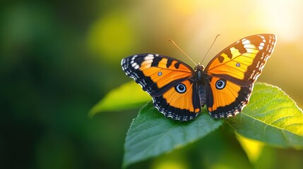 Naklejka premium Vibrant butterfly perched on a lush leaf, bathed in sunlight