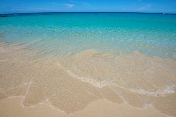 Turquoise Ocean Waves Gently Washing Over Golden Sand Beach in Tropical Hawaiian Paradise