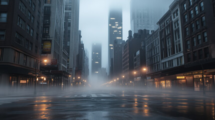 Obraz premium Early morning fog covering an empty modern city street. Soft light from buildings and lamps creates a calm, eerie atmosphere.