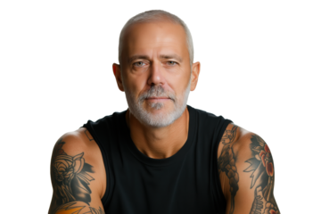 Portrait of middle-age Caucasian man with tattoos, isolated on white transparent background