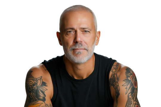 Portrait of middle-age Caucasian man with tattoos, isolated on white transparent background