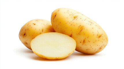 Fresh potatoes with smooth skin and sliced interior, showcasing earthy tones and natural texture.