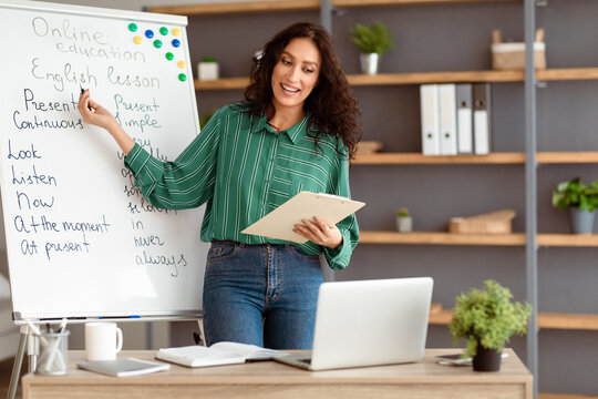 A young Middle Eastern woman conducts an online English lesson from her cozy home office. She engages with students, using a whiteboard to explain grammar concepts.