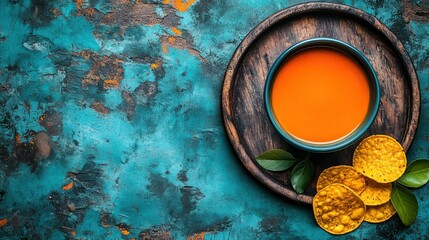 Orange soup on wooden tray with chips against a textured teal background