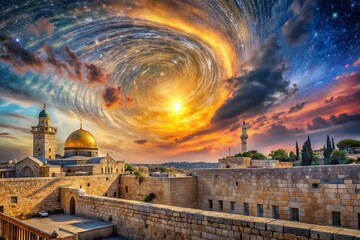 Double Exposure: Ancient Jerusalem Walls & Celestial Sky - Stock Photo