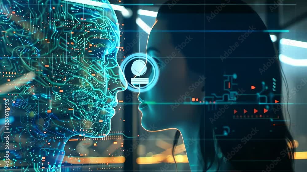 Poster exploring the connection between human emotion and artificial intelligence in a futuristic setting
