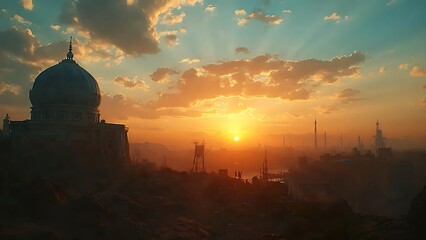 Fototapeta premium Sunset Over a Distant Cityscape with Dome Structure