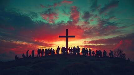Sunset Silhouettes of Devoted Worshippers and Cross