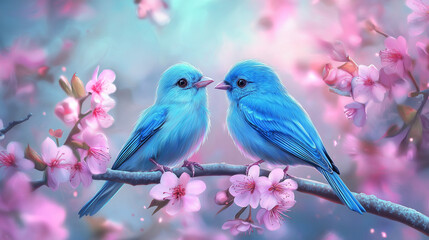 two blue color birds sitting  on a branch with pink background.