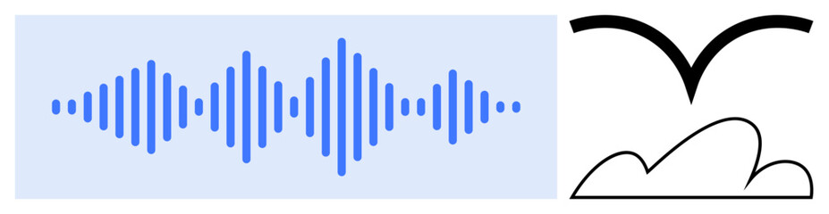 Blue soundwave pattern paired with minimalist black bird and cloud. Ideal for audio, communication, nature, creativity, technology, freedom, simplicity. Flat simple metaphor