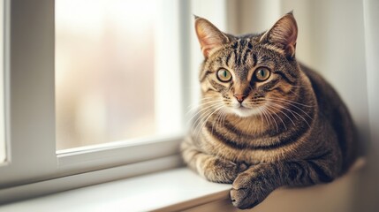 Curious tabby cat perched on a windowsill, gazing with intrigue, soft light enhancing its charm.
