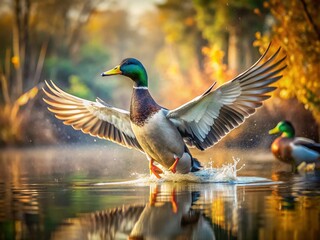 Obraz premium Double Exposure: Male Drake Protecting Mate from Rival