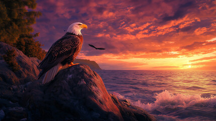 Fototapeta premium eagle watching from the cliff of the mountain, sunset in the mountains