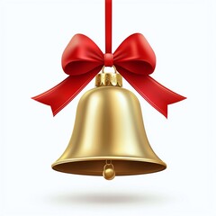 Golden christmas bell with red bow isolated on white background for holiday decoration