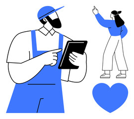 Man in overall using a tablet, woman gesturing upward, and a heart graphic. Ideal for teamwork, communication, technology, direction, care collaboration guidance. Flat simple metaphor