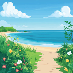 Serene Summer Seashore with Vibrant Flowers and Lush Green Grass EPS Vector Illustration