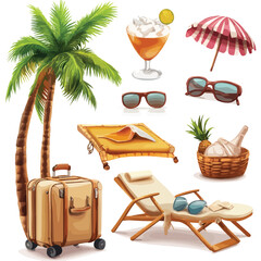 Fototapeta premium Summer Travel 3D Icons with Rendered Beach Elements