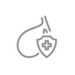 Gallbladder with a shield line icon. Gallbladder tract treatment, first aid for gallbladder diseases symbol. Vector illustration