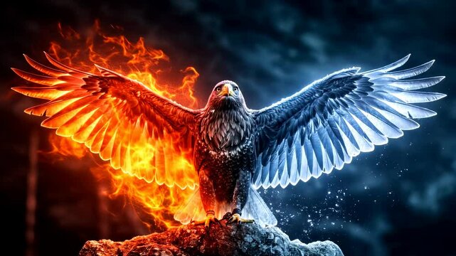 Majestic eagle with fiery wings on one side and icy wings on the other, set against a dramatic backdrop - eagle artwork | eagle video