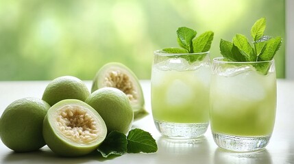 Fototapeta premium Green guava and mint juice with ice in a glass on a white table, halved fresh Siamese melon fruit next to it, green background, Fresh fruit, healthy drink, summer refreshing drink